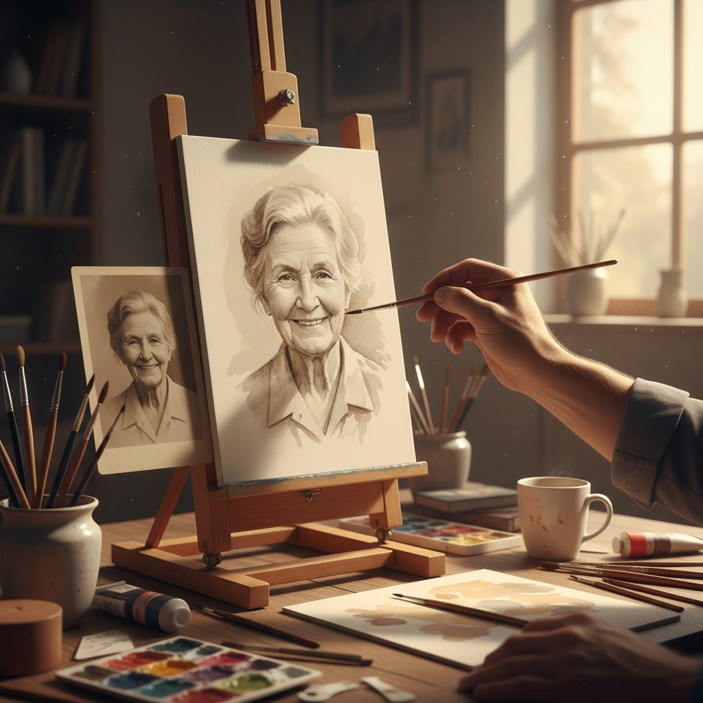 Umělkyně maluje ručně portrét podle staré fotografie na plátně
